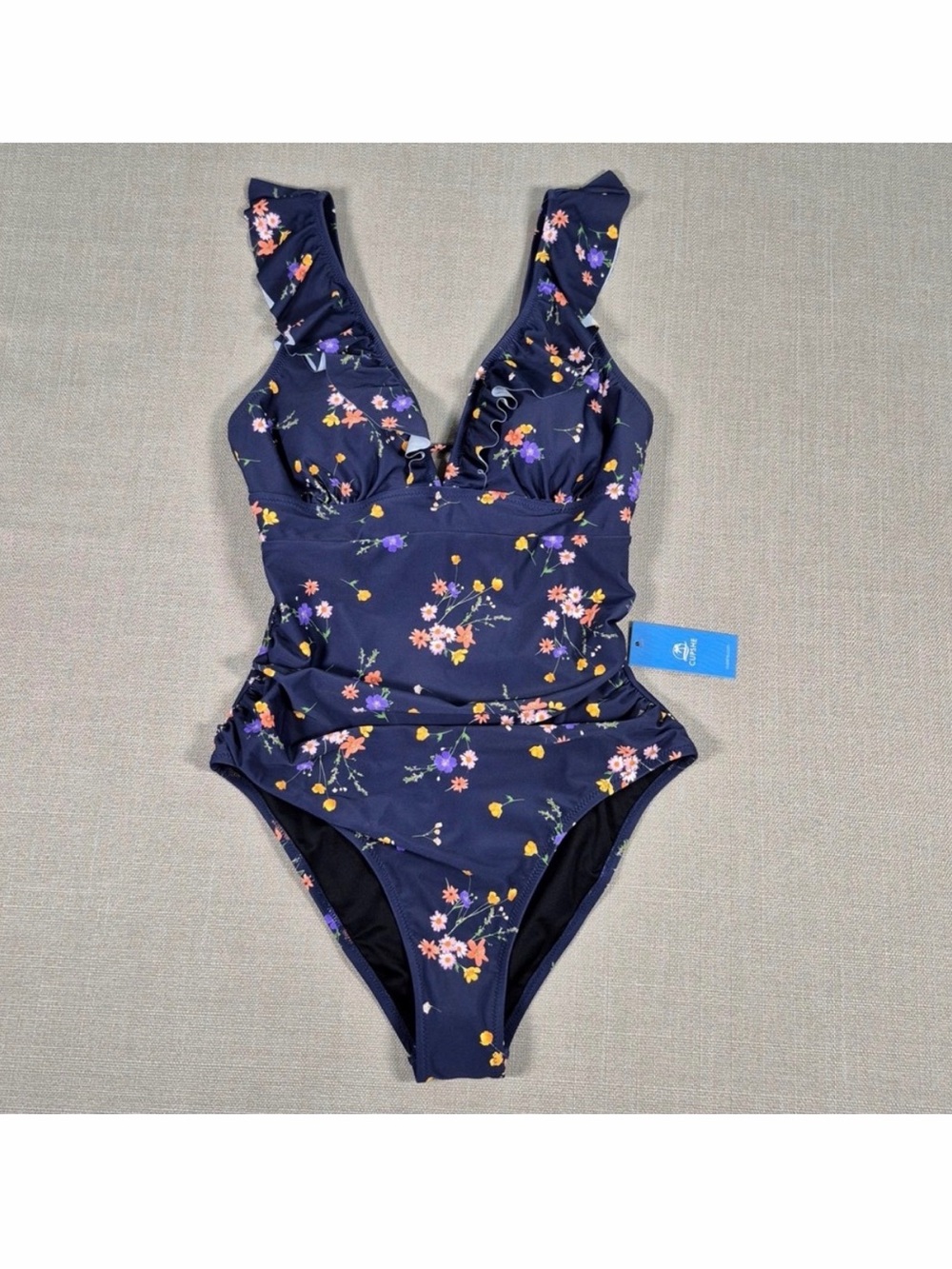 CUPSHE Navy Blue Floral Ruffle V-Neck One Piece Swimsuit Tummy Control Large NWT